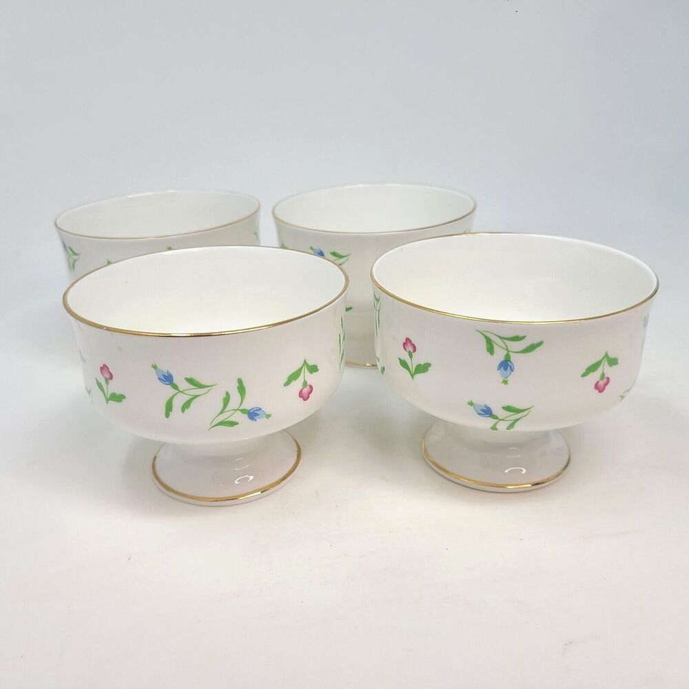 Royal Victoria Fine Bone China England Gold Trim Floral Dessert Cups 4" Set of 4